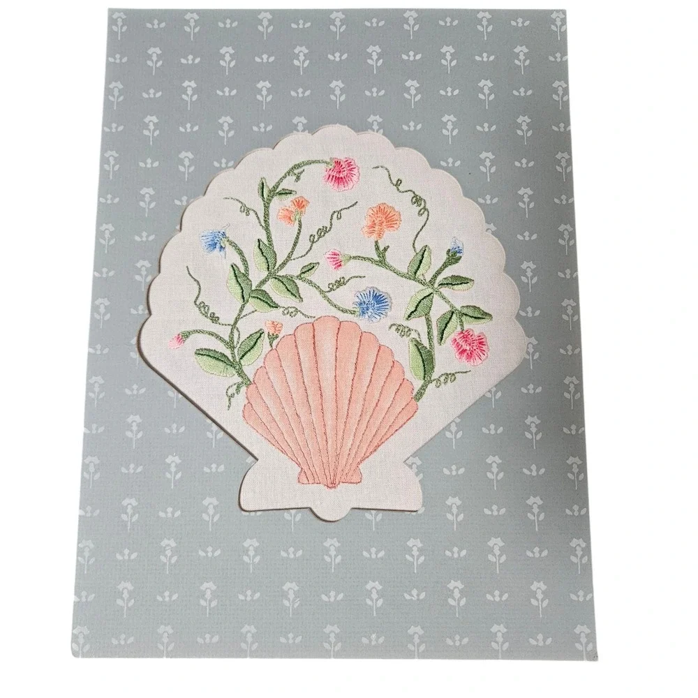 Vintage‎ Hand Embroidered Linen Seashell Floral Textile Coastal Cottage Wall Art